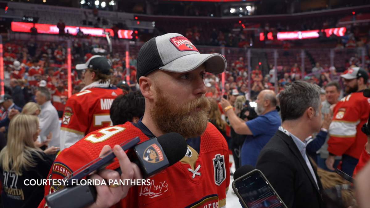 Panthers forward Sam Bennett speaks after Florida won the Stanley Cup