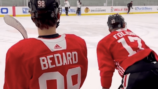 Connor Bedard skates in his first NHL exhibition game with the