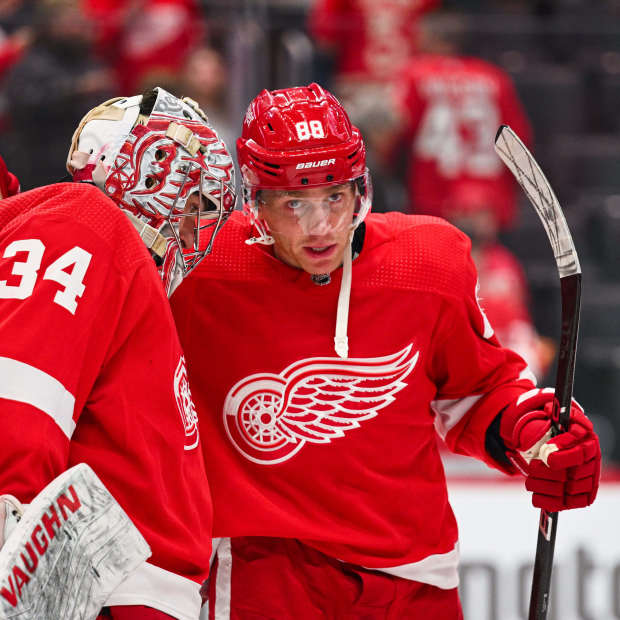Detroit Red Wings goaltender Alex Lyon (34) and right wing Patrick Kane (88)