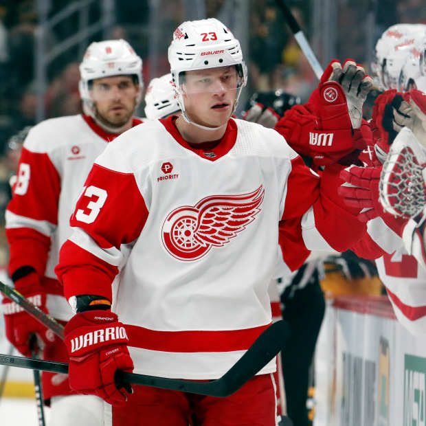 Detroit Red Wings left wing Lucas Raymond (23) celebrates with the Red Wings bench