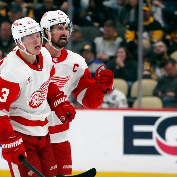 Detroit Red Wings left wing Lucas Raymond (23) and center Dylan Larkin (71) celebrate after Raymond scored a goal