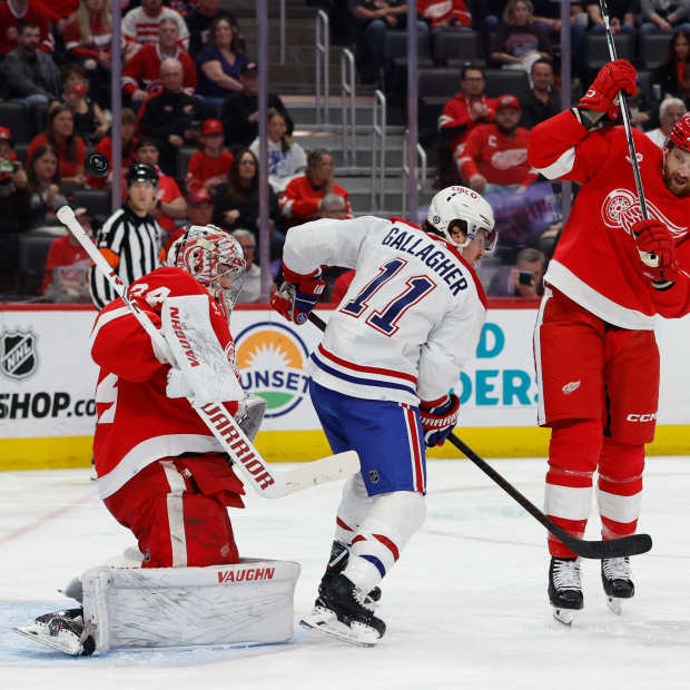Montreal Canadiens right wing Brendan Gallagher (11) tries to screen Detroit Red Wings goaltender Alex Lyon (34)
