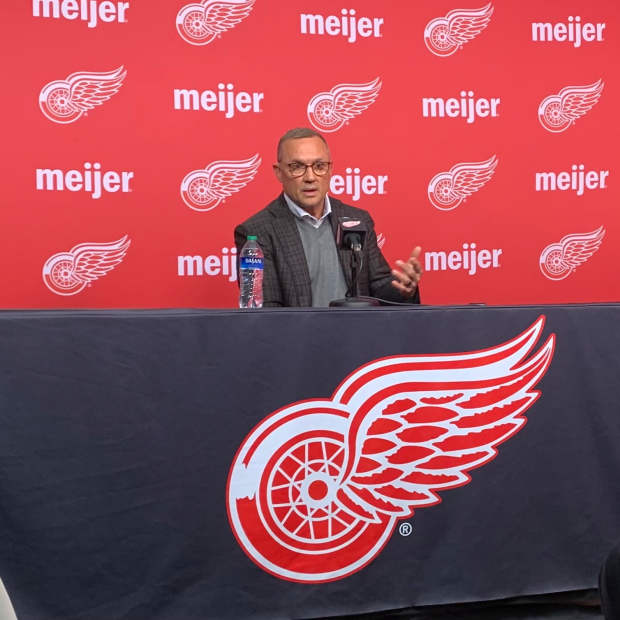 Steve Yzerman delivers his end-of-season press conference from Little Caesar's Arena's media room, April 19, 2024