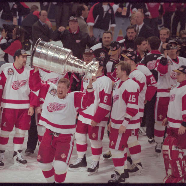 Detroit Red Wings celebrate winning the Stanley Cup after Game 4 against the Philadelphia Flyers at Joe Louis Arena in 1997.