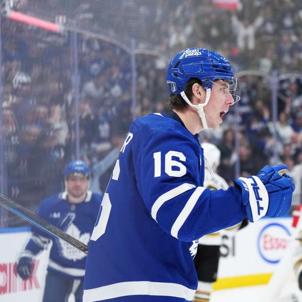 Toronto Maple Leafs right wing Mitch Marner (16) celebrates scoring a goal against the Boston Bruins