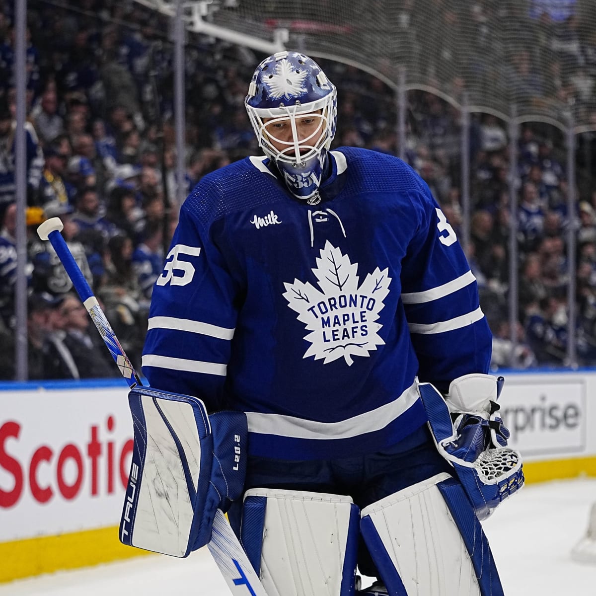 Toronto Maple Leafs goaltender Ilya Samsonov (35) looks on from the Leafs  bench during the third period of Game 1 of an NHL hockey Stanley Cup  second-round playoff series against the Florida