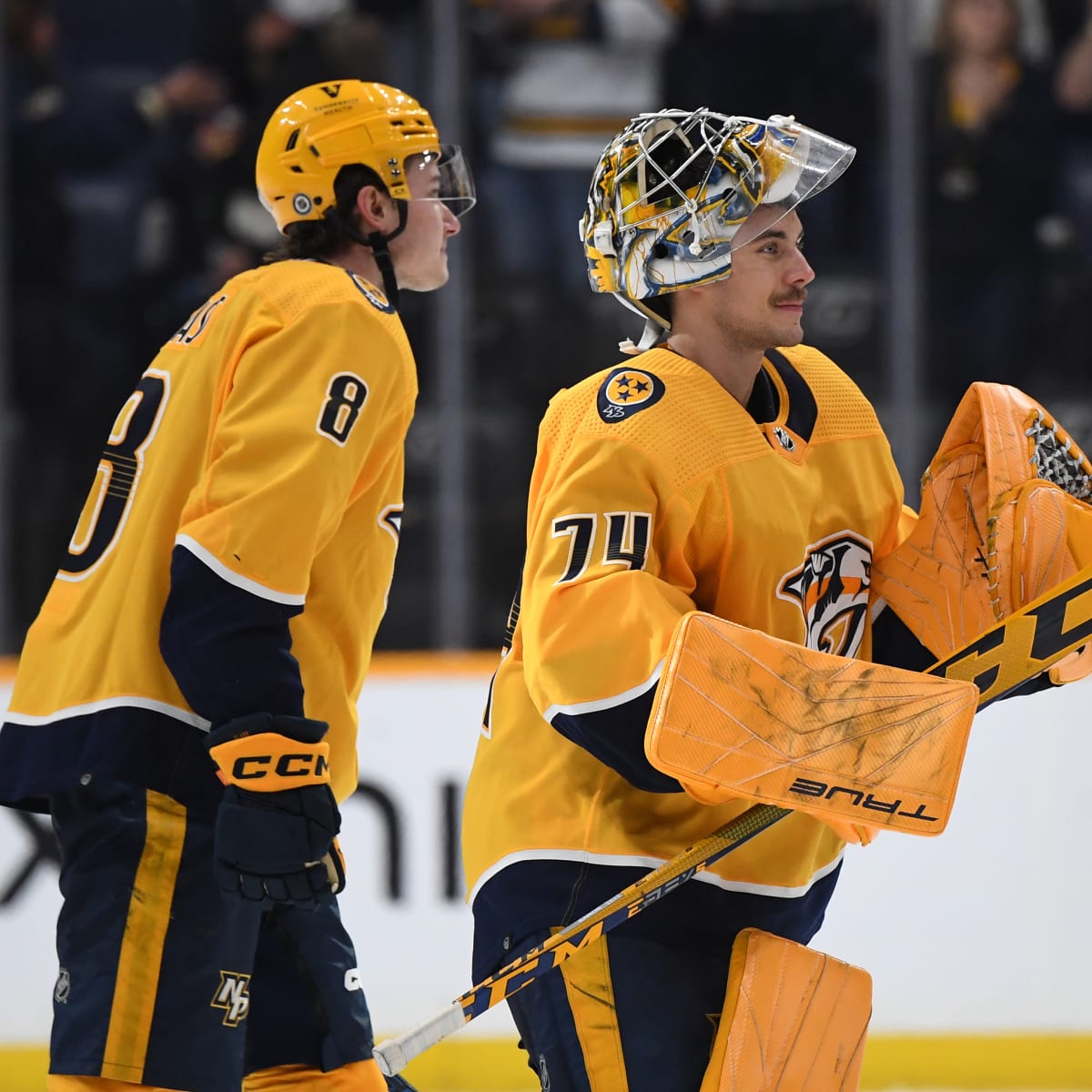 Nashville Predators center Tommy Novak (82) plays against the Columbus Blue  Jackets during the first period of an NHL hockey game Tuesday, Jan. 17,  2023, in Nashville, Tenn. (AP Photo/Mark Zaleski Stock