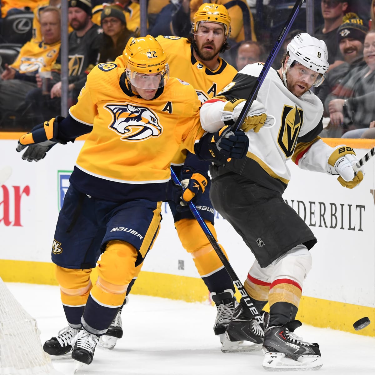 Nashville Predators center Yakov Trenin (13) wears a Pride Night jersey  while warming up for the team's NHL hockey game against the Vegas Golden  Knights on Tuesday, April 4, 2023, in Nashville