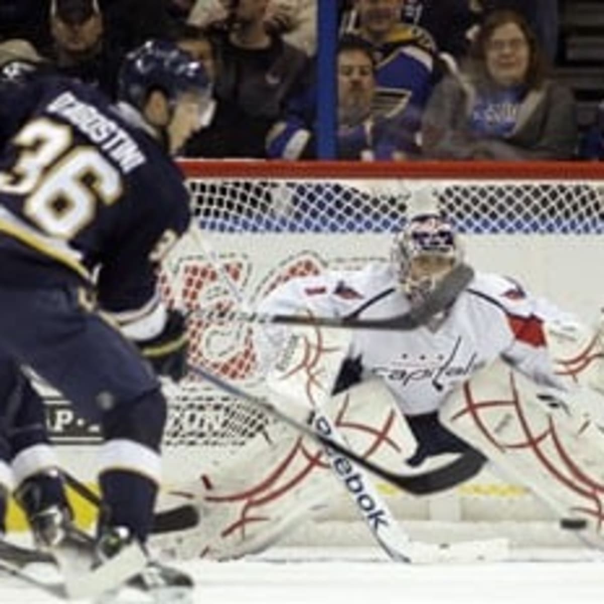 Jaroslav Halak (41) of the St. Louis Blues with a blocker save during the NHL  game between The Columbus Blue Jackets vs The St. Louis Blues at Scott  Trade Center in St.
