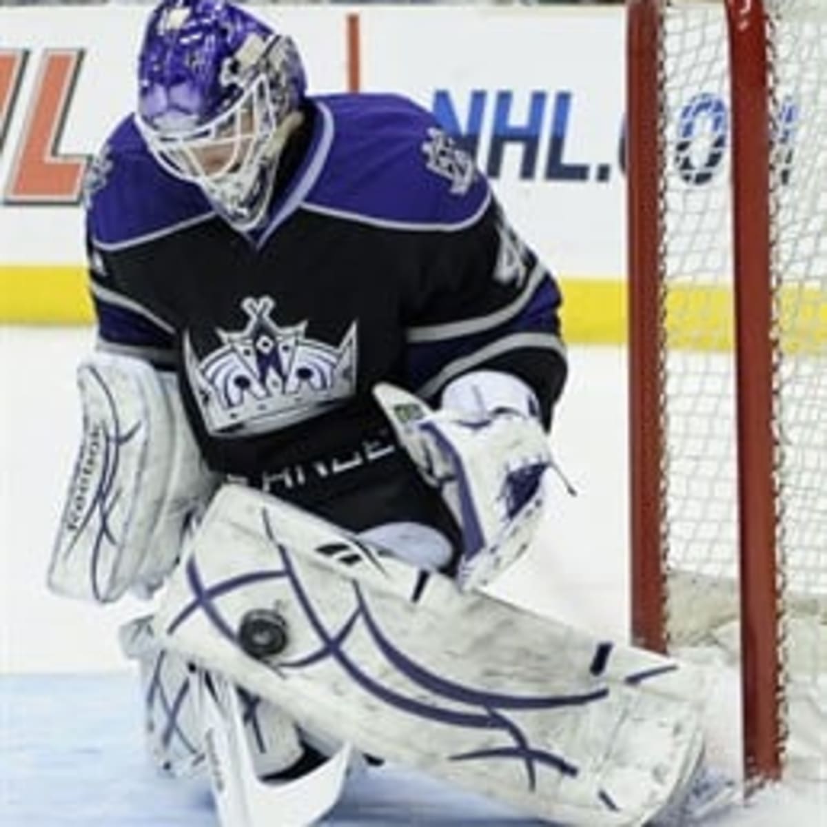 LA Kings Goaltender Jonathan Bernier wearing a Dodgers Hockey jersey.  Awesome!!