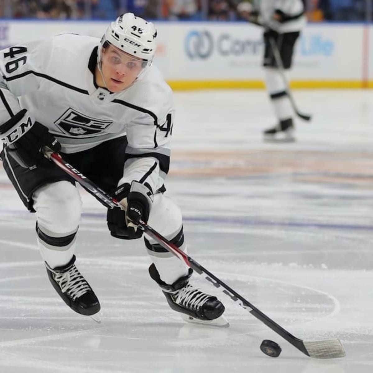 Blake Lizotte of the Los Angeles Kings skates the puck against