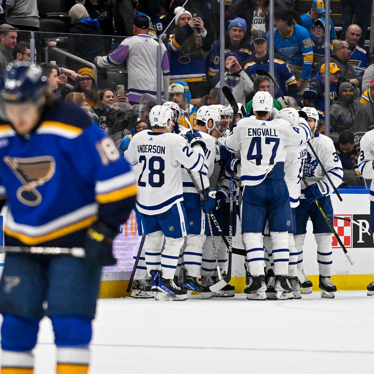 Jordan Kyrou St. Louis Blues Unsigned Congratulated by Teammates After Scoring Goal in Game Four of The First Round 2022 Stanley Cup Playoffs