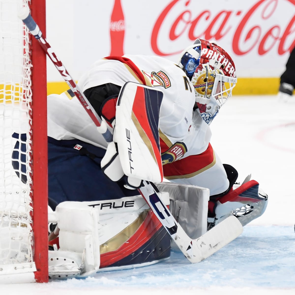 Florida Panthers goaltender Sergei Bobrovsky waves to the crowd while  standing next to his wife, Olga, during a ceremony celebrating his 500th  game that came last year, before the team's NHL hockey