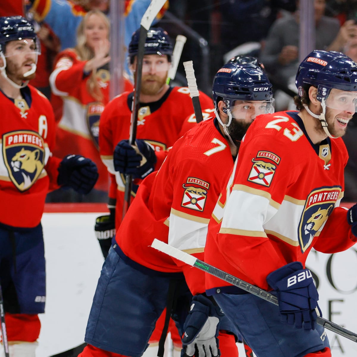 Florida Panthers center Carter Verhaeghe (23) celebrates his goal with  teammates on the bench during the second period of Game 1 of an NHL hockey  Stanley Cup second-round playoff series against the