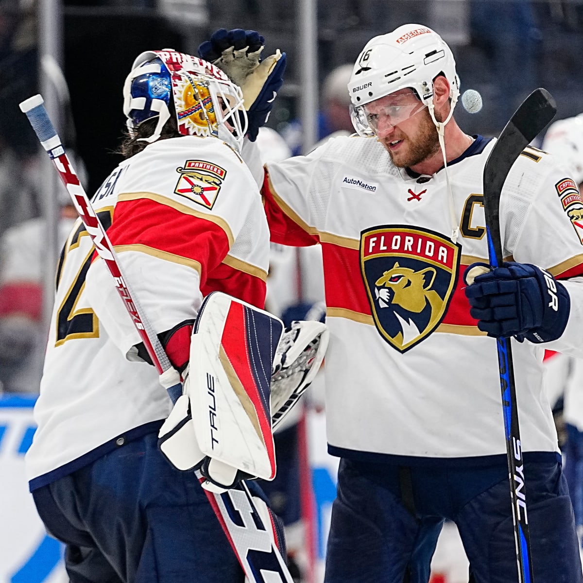 Florida Panthers center Aleksander Barkov (16) looks up after scoring a  goal during the third period of an NHL hockey game against the San Jose  Sharks, Saturday, Jan. 29, 2022, in Sunrise