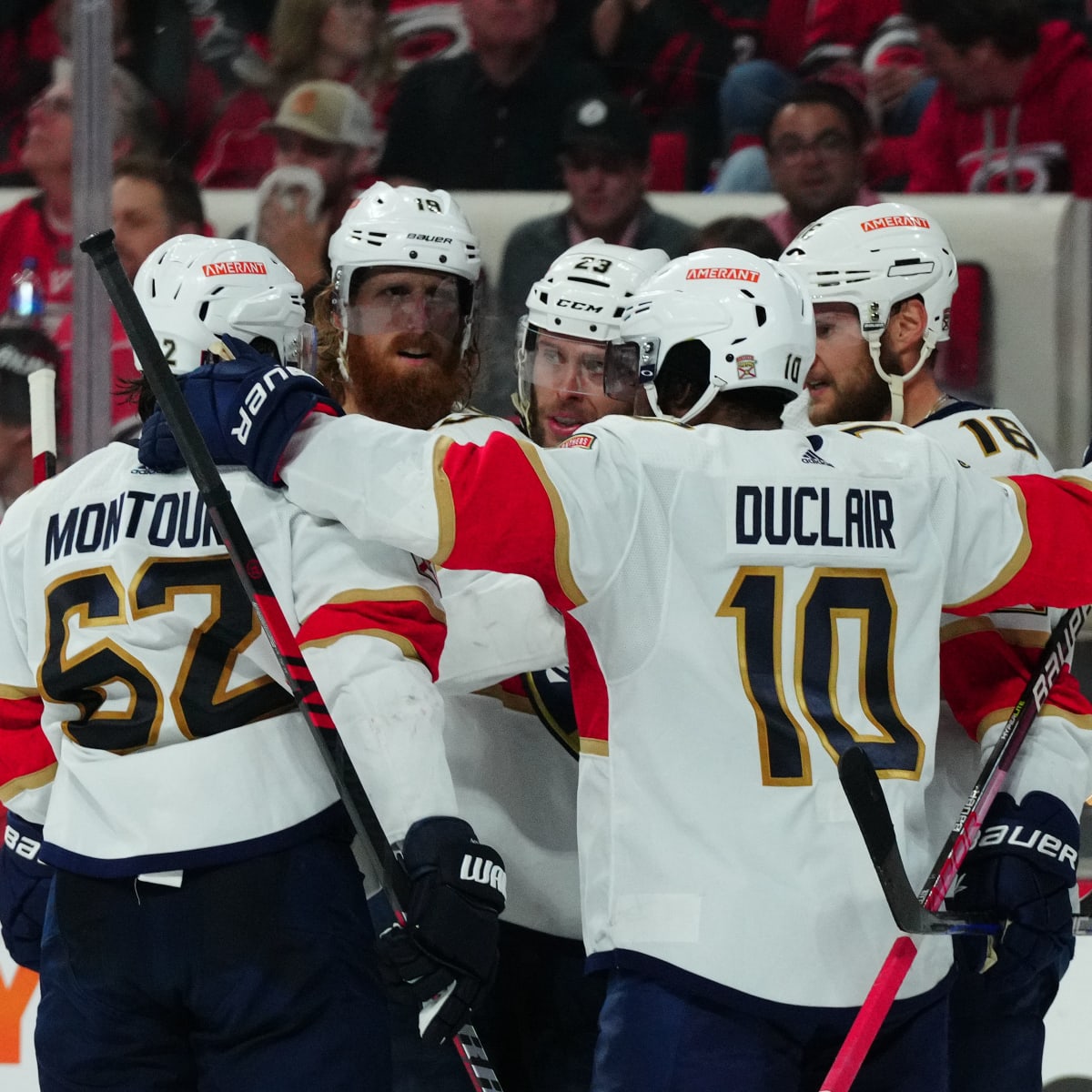 Florida Panthers center Carter Verhaeghe (23) celebrates his goal with  teammates on the bench during the second period of Game 1 of an NHL hockey  Stanley Cup second-round playoff series against the