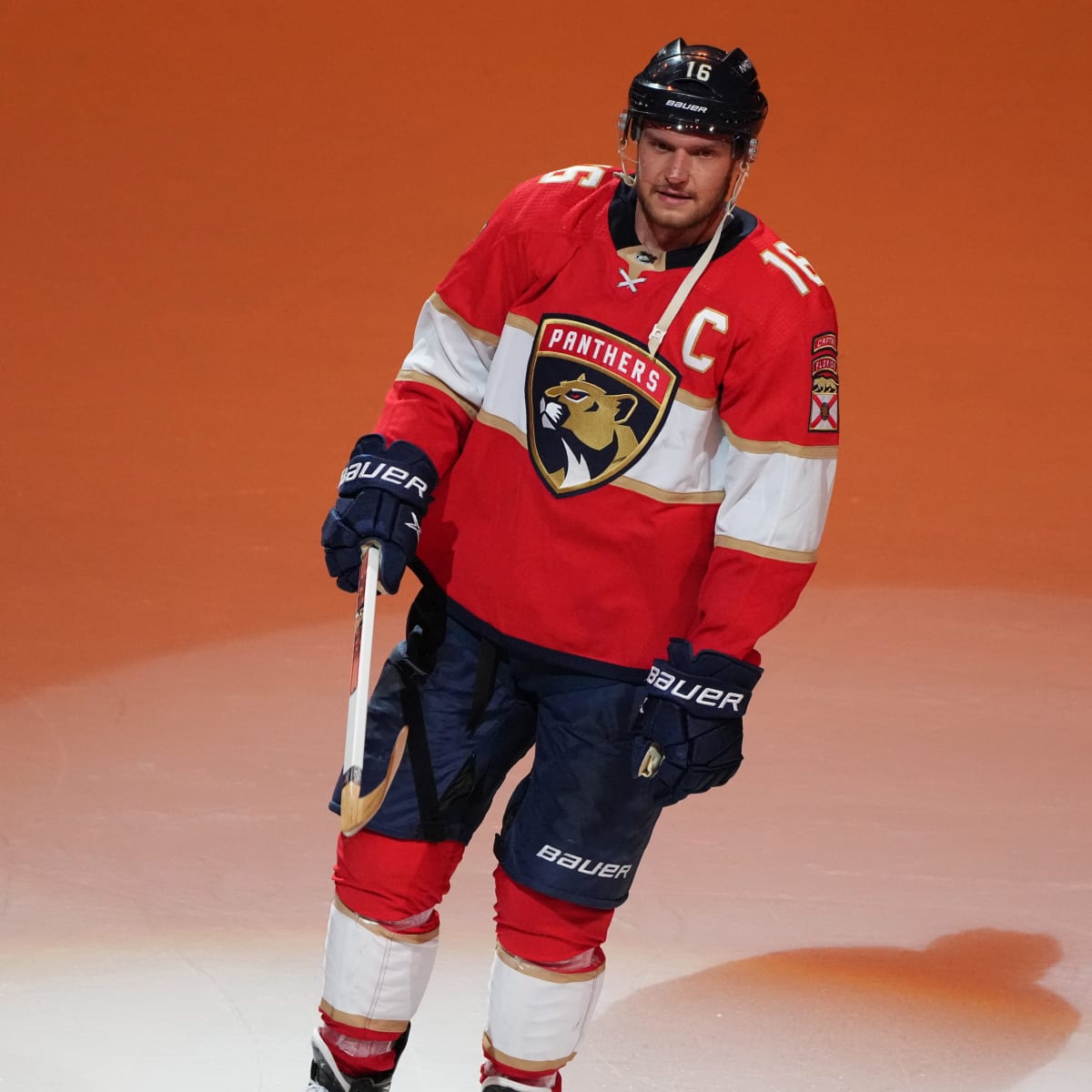 Florida Panthers center Aleksander Barkov (16) looks up after scoring a  goal during the third period of an NHL hockey game against the San Jose  Sharks, Saturday, Jan. 29, 2022, in Sunrise