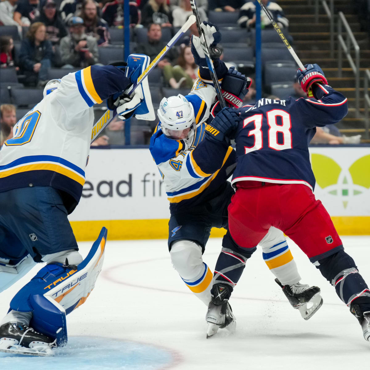 St. Louis Blues captain Justin Faulk delivers a bone-crunching hit to  Columbus Blue Jackets forward Yegor Chinakov on February 23, 2025, sending  Chinakov to the ground unconscious and injured. Faulk was ejected
