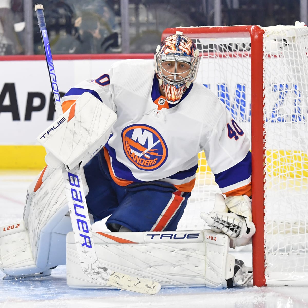 New York Islanders' Semyon Varlamov, left, blocks a shot by Philadelphia  Flyers' Cam York during the second period of a preseason NHL hockey game,  Thursday, Oct. 5, 2023, in Philadelphia. (AP Photo/Matt