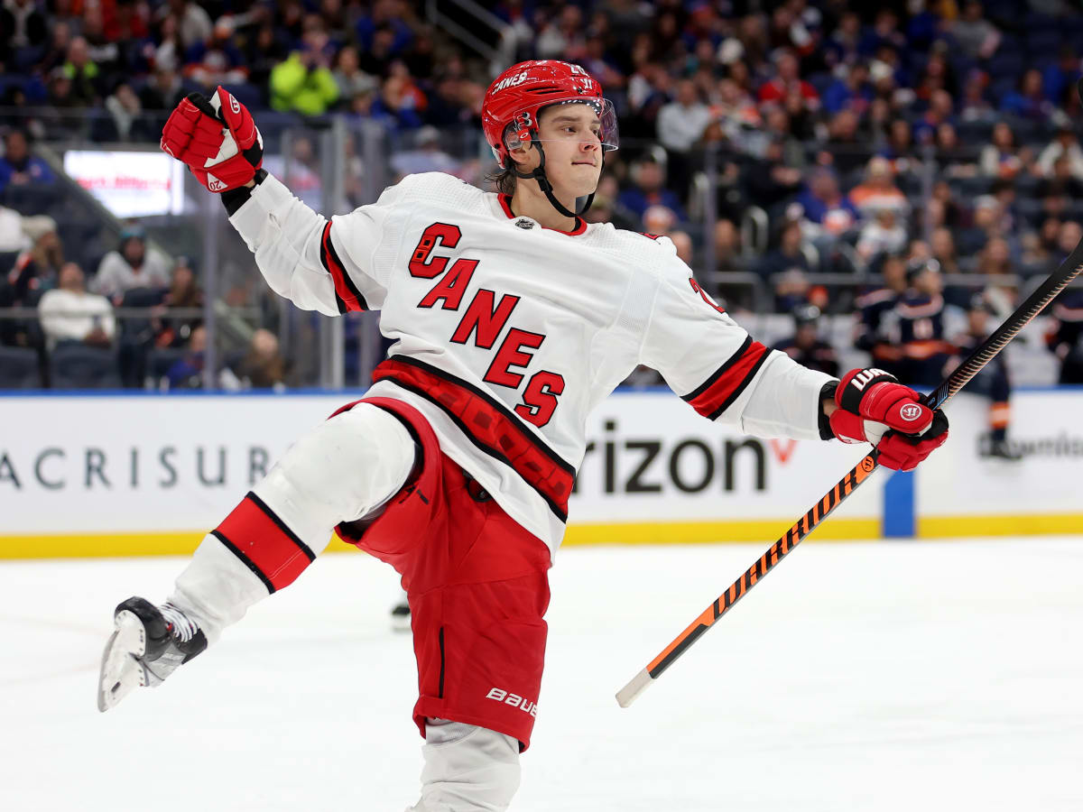 The Carolina Hurricanes' Sebastian Aho (20) celebrates his goal on a power  play during the second period against the Washington Capitals at PNC Arena  in Raleigh, N.C., on Friday, Jan. 12, 2018. (