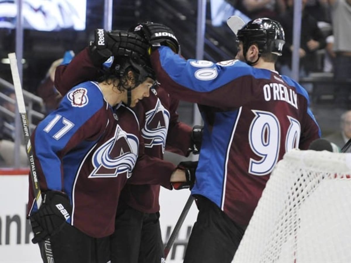 Colorado Avalanche Alex Tanguay, right, and Raymond Bourque