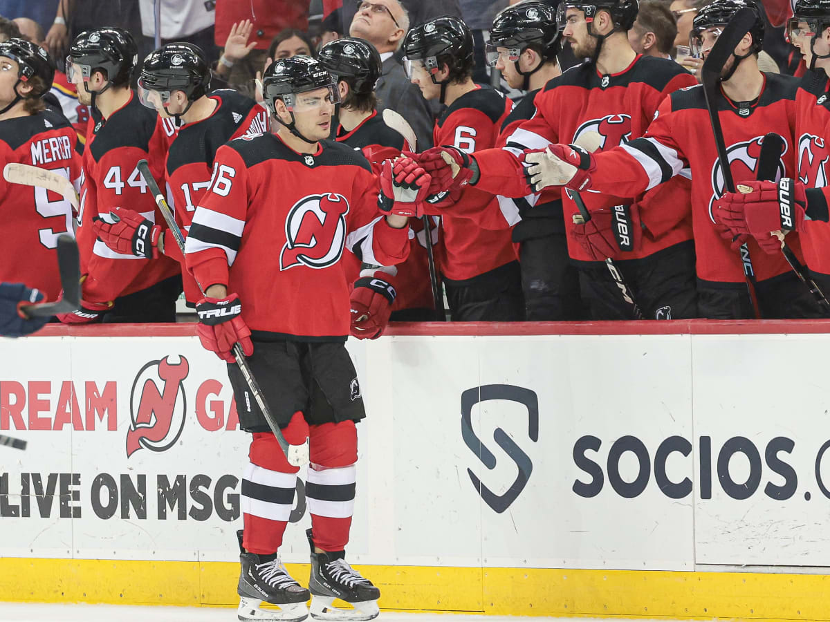 New Jersey Devils right wing Timo Meier (96) celebrates with center Nico  Hischier (13) after scoring a goal against the Pittsburgh Penguins during  the second period of an NHL hockey game Tuesday