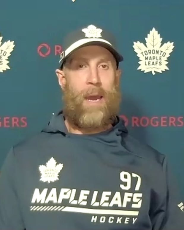 Toronto Maple Leafs forward Joe Thornton talks about his first NHL game following a 5-4 win over the Montreal Canadiens