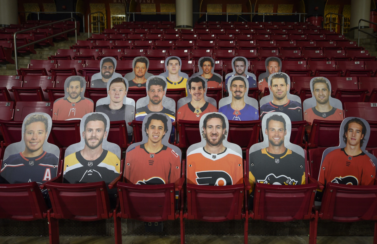 Cardboard cutouts of NHL players.