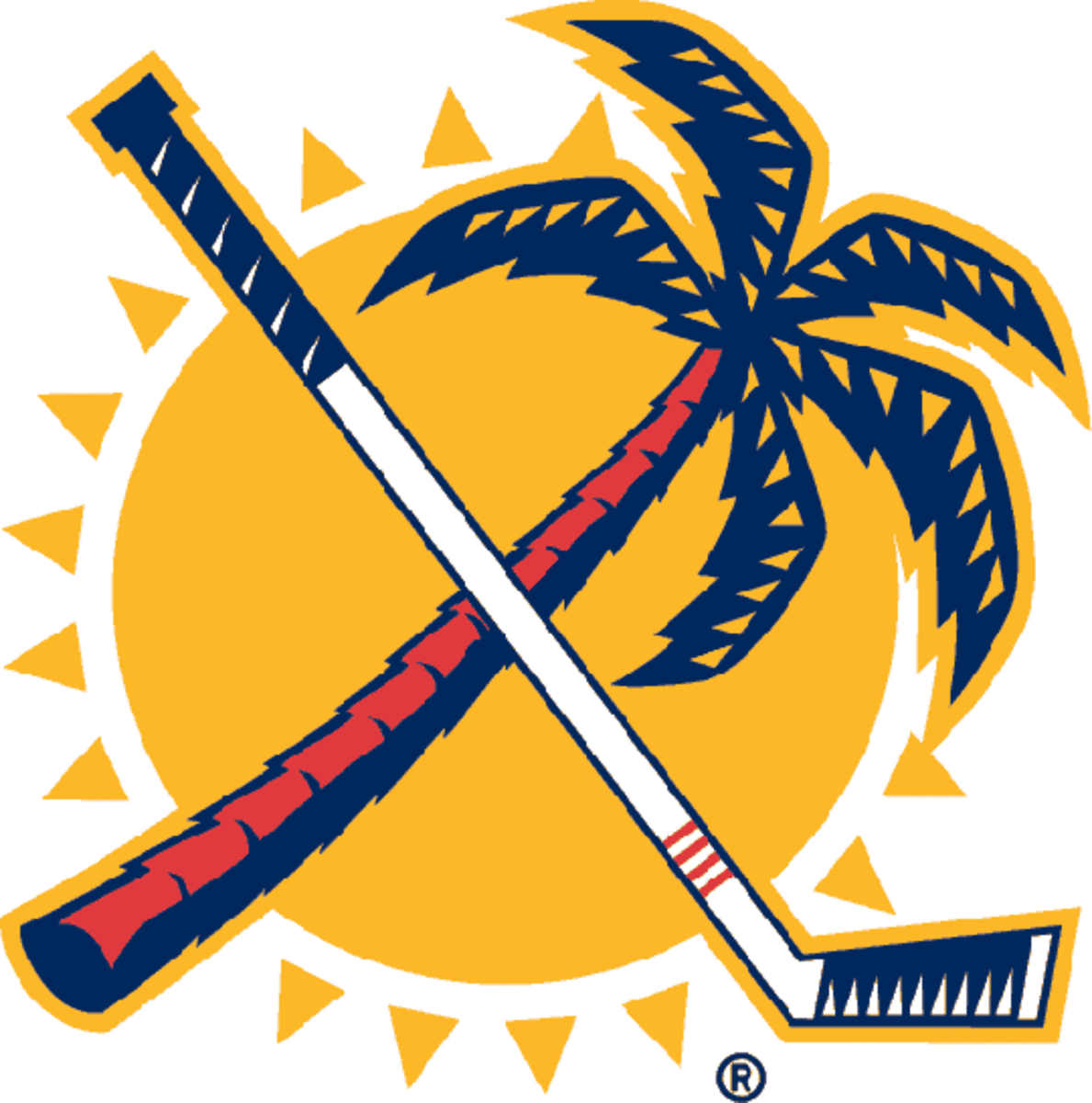 Florida Panthers Secondary Logo (1994) - A palm tree and hockey stick crossed over a sun