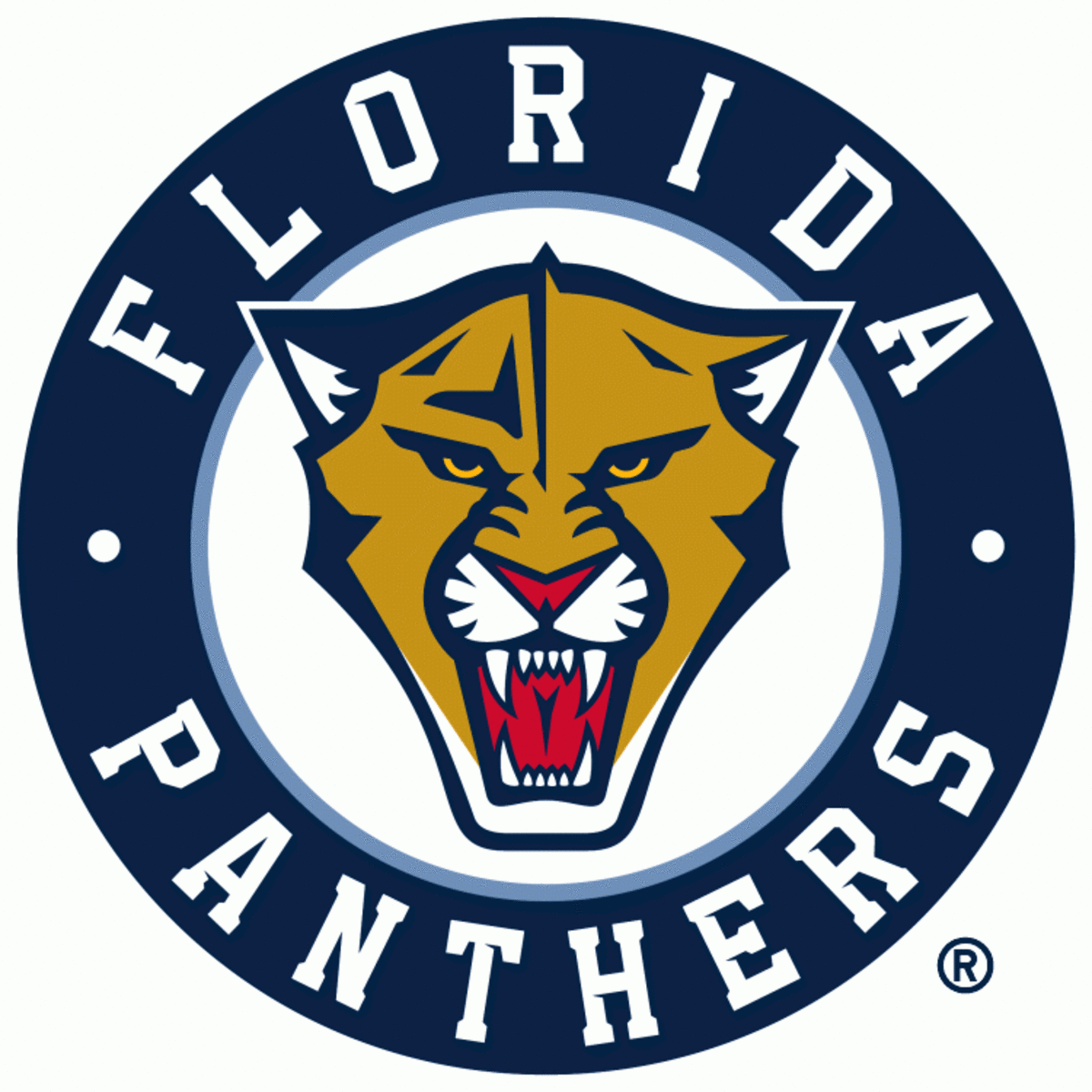 Florida Panthers Alternate Logo (2010) - Florida Panther head inside blue circle with team name in white arched around, worn on Florida Panthers alternate jerseys