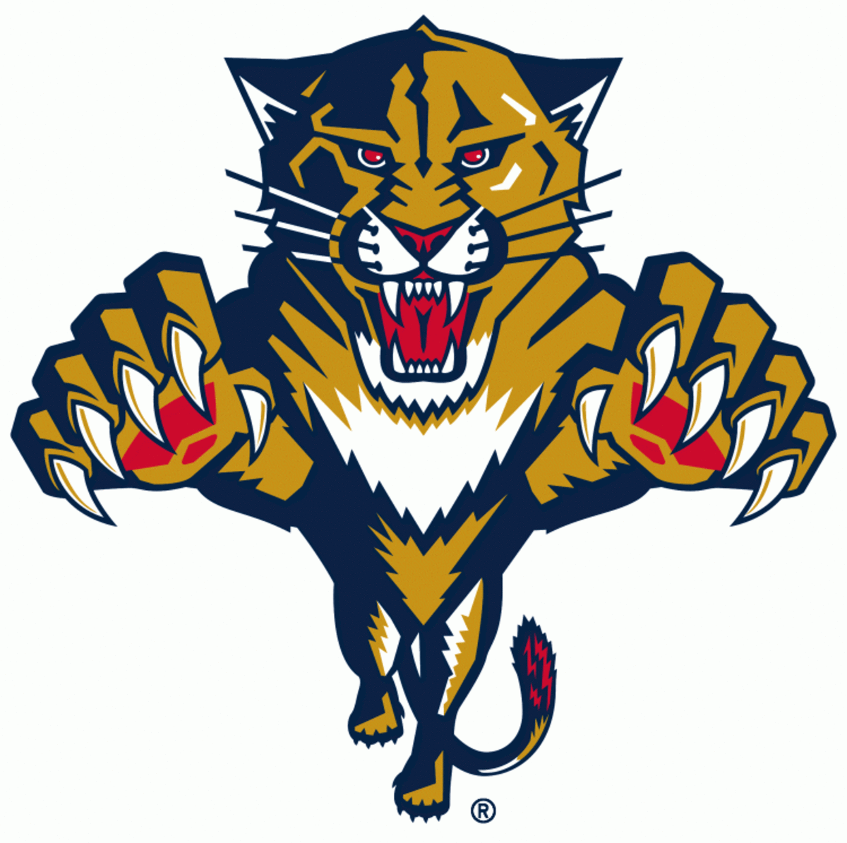 Florida Panthers Primary Logo (2000) - A gold, blue, and red Florida panther leaping forward. Shades of blue and red have been altered from original team logo