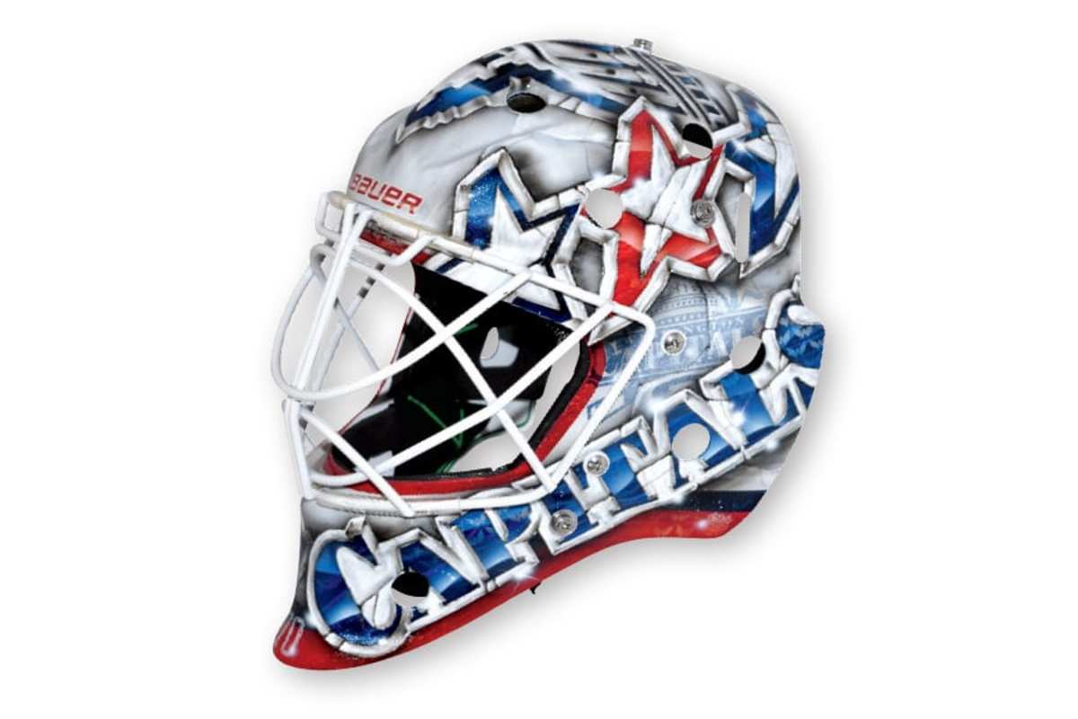 31. Braden Holtby, Capitals (artist: Dave Gunnarsson) The idea of some D.C. imagery makes sense, but it doesn’t translate as well as I’d expect on a mask, and not only does the design prominently feature logos…it features the text-heavy ‘Capitals’ logo.