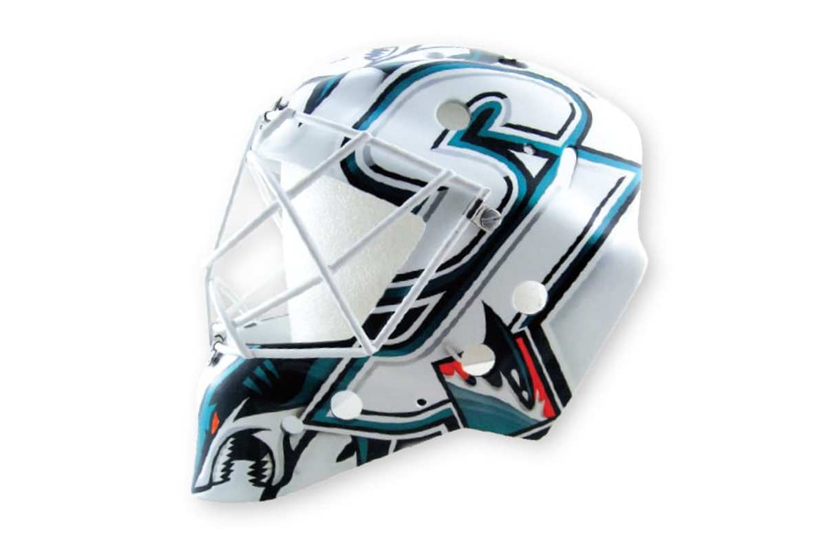 16. Martin Jones, Sharks (artist: Steve Nash) A slick, aerodynamic shark look for Jones. Most of the imagery comes directly from the franchise’s official collection of logos and shoulder patches. It’s thus a conservative look but a sharp one nonetheless.