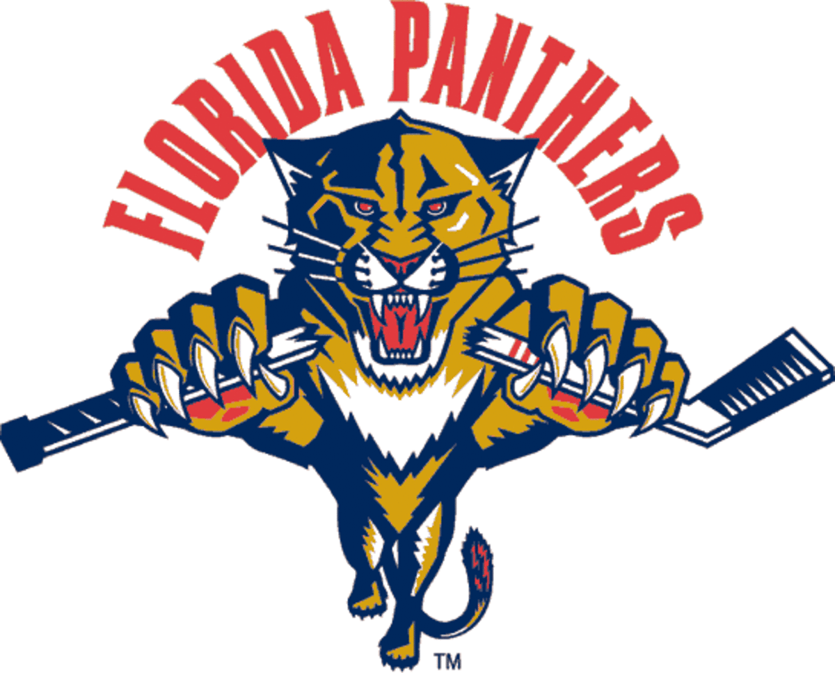 Florida Panthers Alternate Logo (1994) - A Florida panther leaping under FLORIDA PANTHERS arched in red