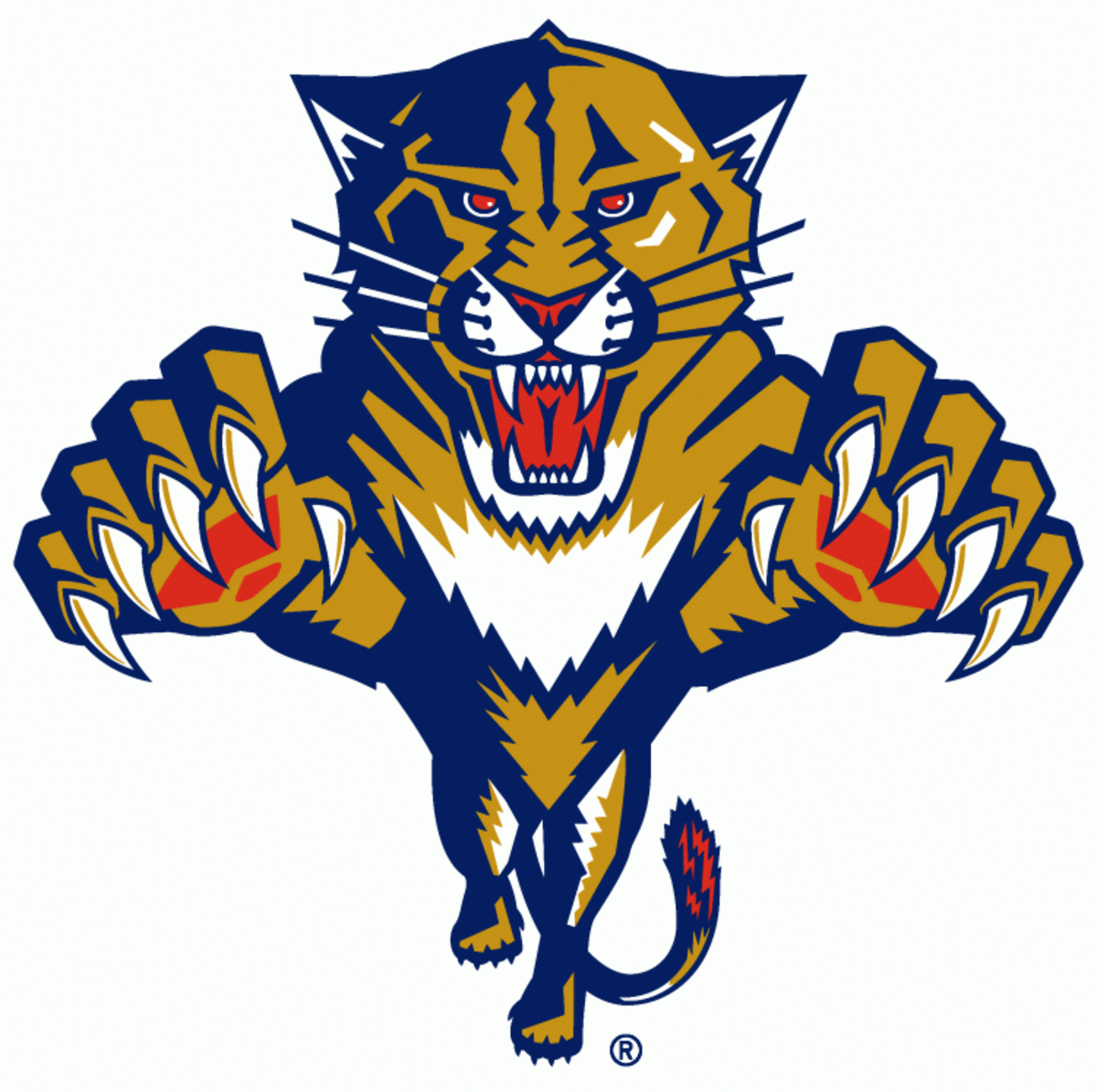 Florida Panthers Primary Logo (1994) - A gold, blue, and red Florida panther leaping forward.