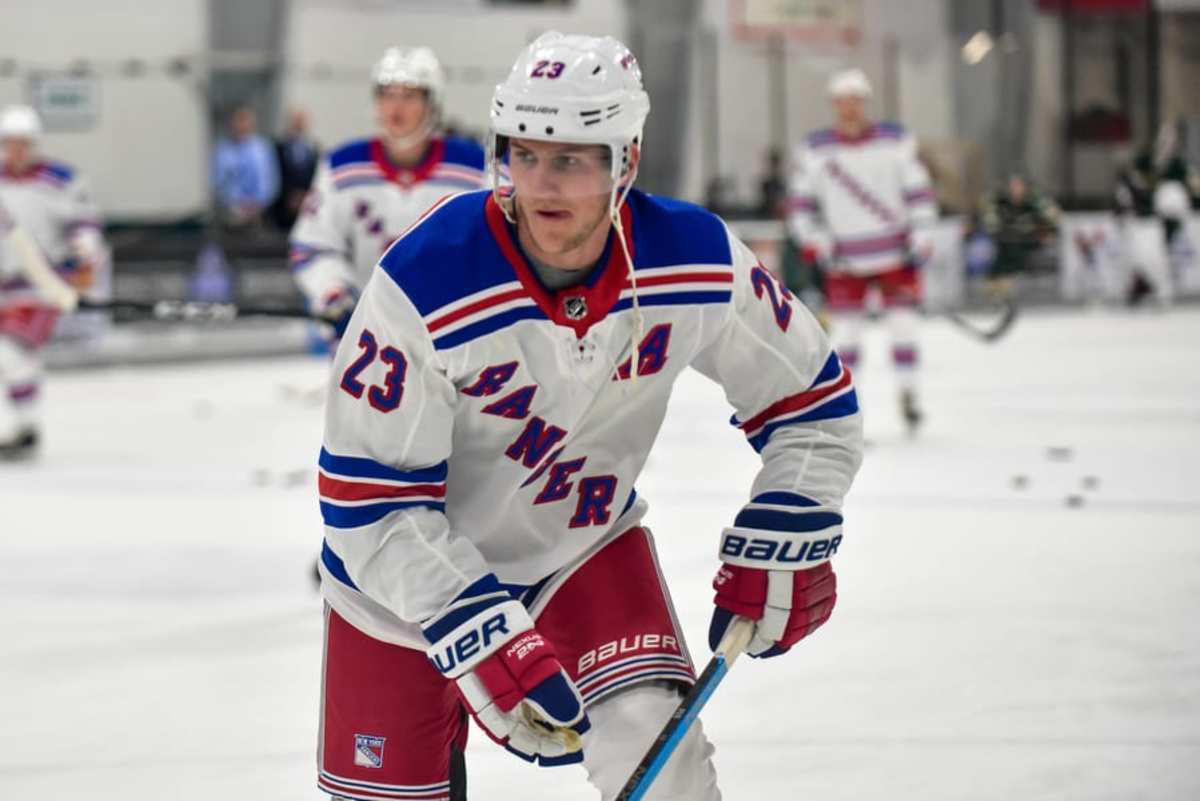 TRAVERSE CITY, MICH. Ð New York Rangers defenseman Adam Fox (#23) during a game between the New York Rangers and Minnestoa Wild at Center Ice Arena on September 10, 2019. (Photo from Steven Ellis/The Hockey News)