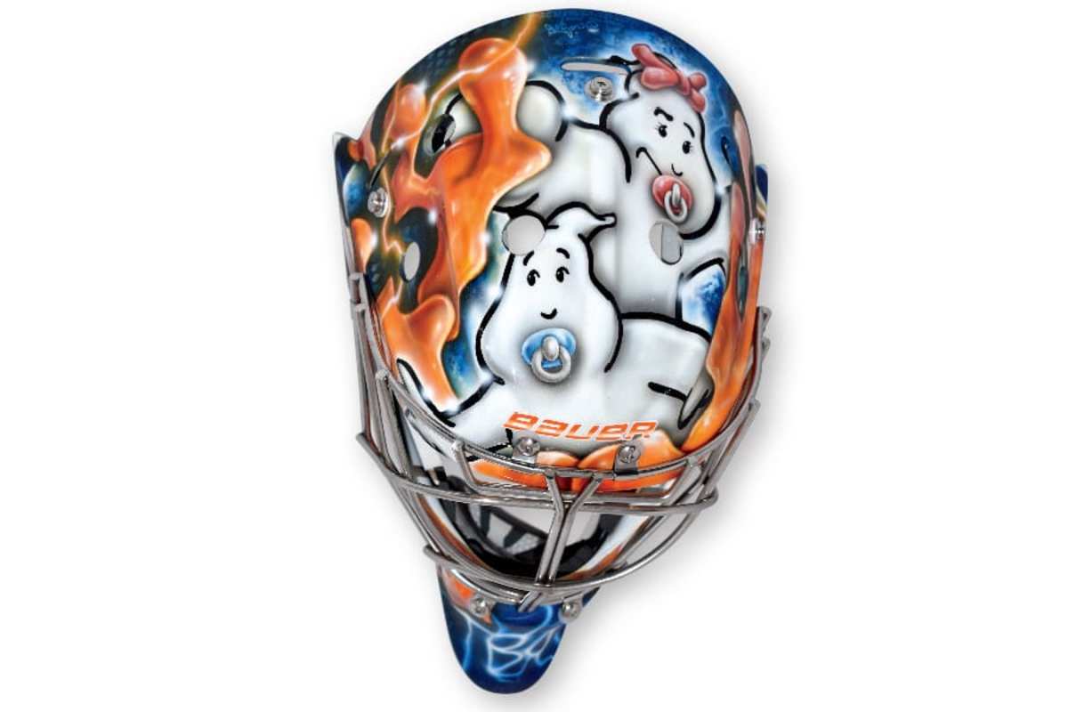 6. Cam Talbot, Oilers (artist: Dave Gunnarsson) Talbot’s mask themes stay consistent year to year, featuring the Ghostbusters logo, and with a creative twist: the ghosts appear as twins, representing Talbot’s children. Like Lehner’s lid, this one combines aesthetics and storytelling.