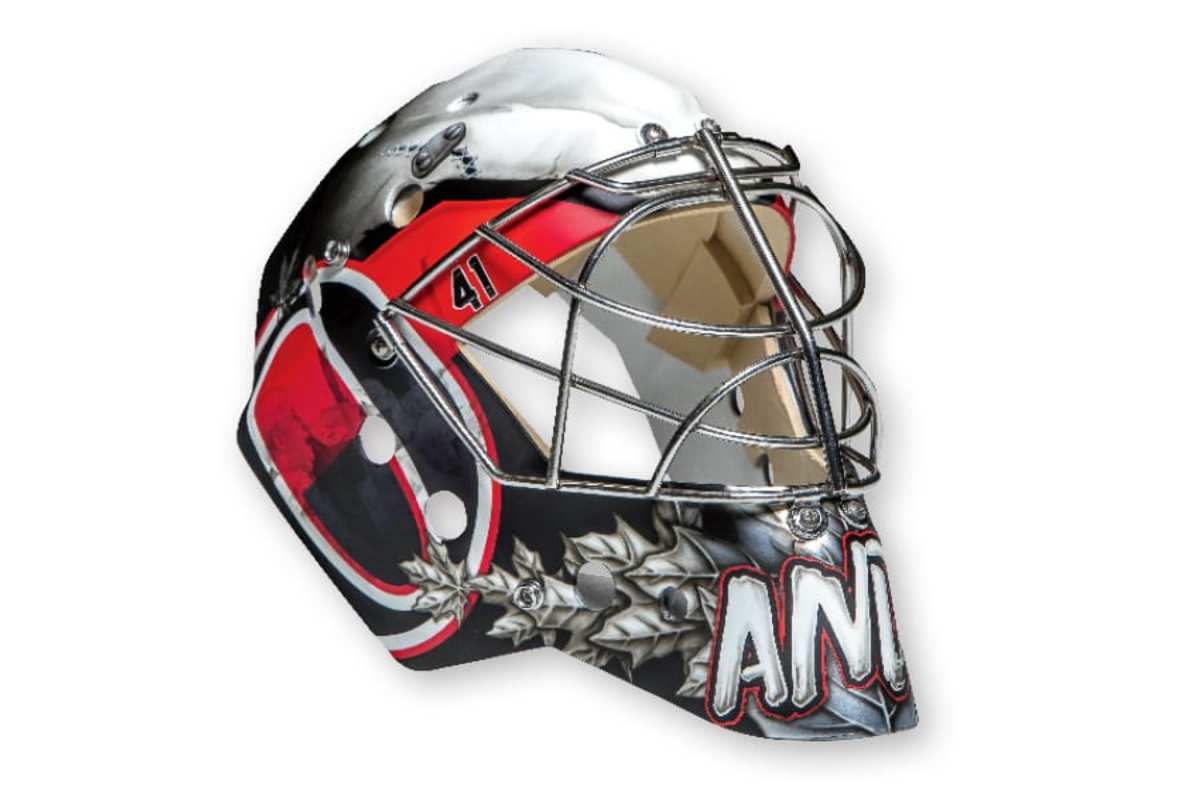 14. Craig Anderson, Senators (artist: Sylvie Marsolais) Looks like standard secondary logo use from a distance. Up close, however, are portraits of late Senators GM Bryan Murray on either cheek. A classy tribute from a classy goaltender.