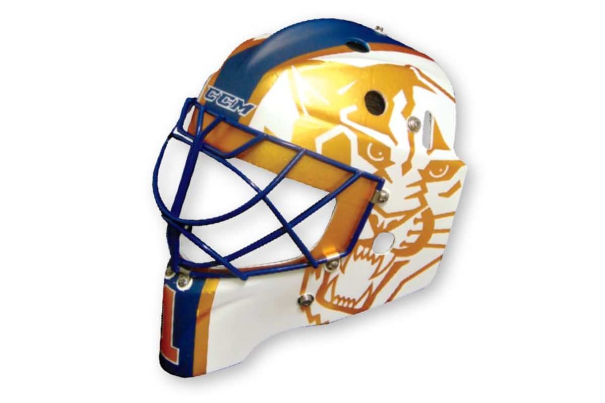 9. Roberto Luongo, Panthers (artist: Stephane Bergeron) Arguably the most elegant mask on this list. An understated but classy Panthers logo, rendered in gold. Gorgeous.