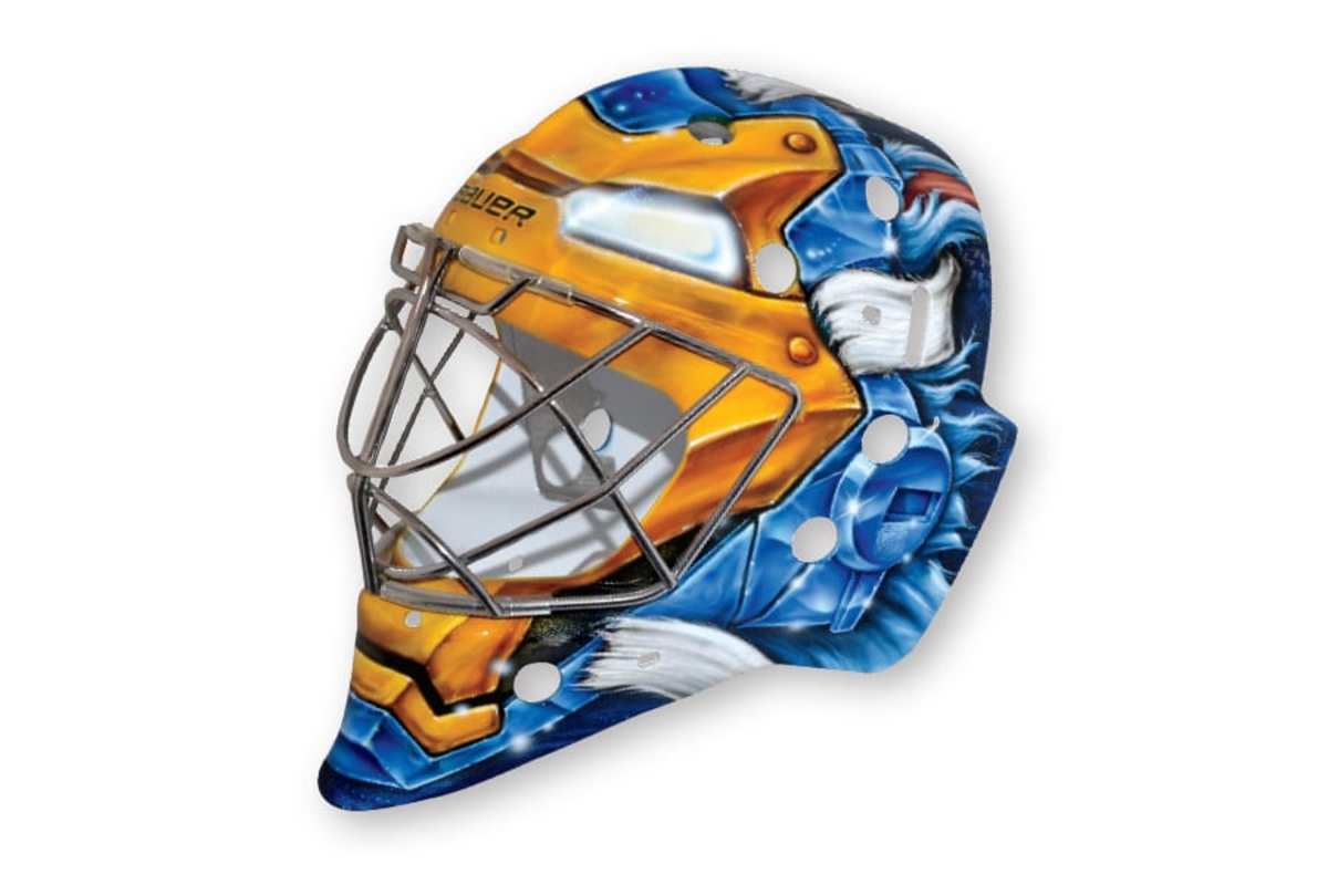 17. Pekka Rinne, Predators (artist: Dave Gunnarsson) Pop-culture references are a defining characteristic among this generation’s goalie masks. Iron Man is a great choice for a goalie. The only drawback: it’s difficult to immediately recognize the Iron Man helmet right away, especially because Tony Stark’s colors are red and gold, not blue and gold.