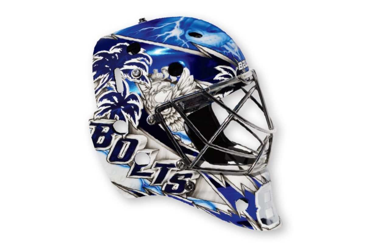 7. Andrei Vasilevskiy, Lightning (artist: Sylvie Marsolais) Vasilevskiy’s mask was voted best in the league by NHL fans last season, and it features some high-tech art this year, changing color when it gets wet. The lion on the forehead looks ferocious, too.