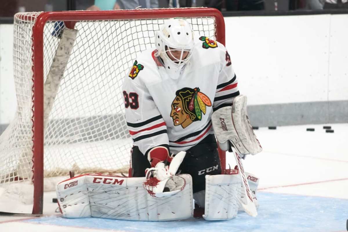 TRAVERSE CITY, MICH. – Chicago Blackhawks goaltender Alexis Gravel (#33) prior to a game between the Chicago Blackhawks and St. Loui Blues at Center Ice Arena on September 10, 2019. (Photo from Steven Ellis/The Hockey News)