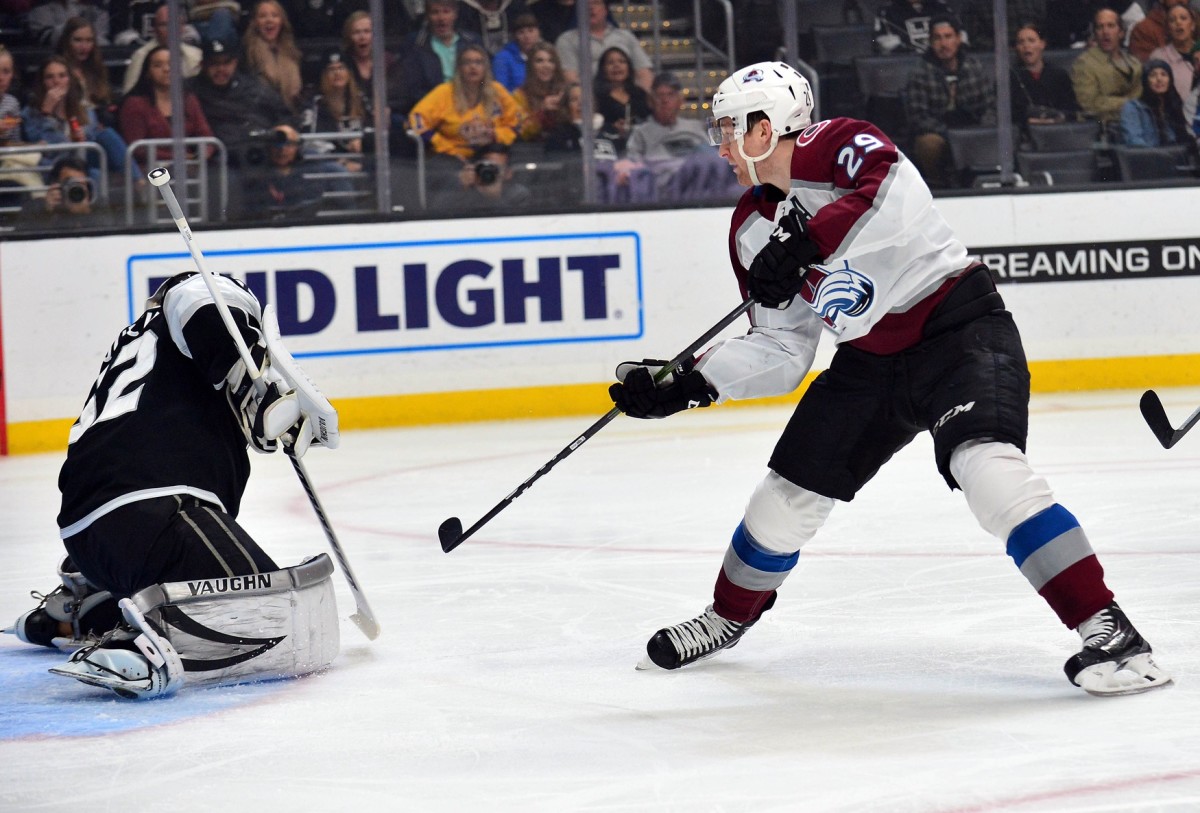 Nathan MacKinnon shoots on Jonathan Quick. Photo by Gary A. Vasquez-USA TODAY Sports.