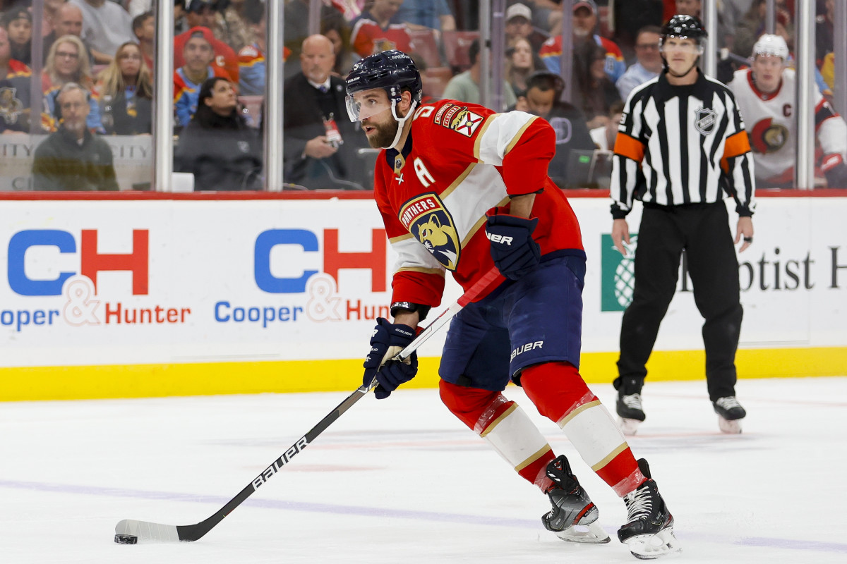 Aaron Ekblad of the Florida Panthers reacts after his shot from