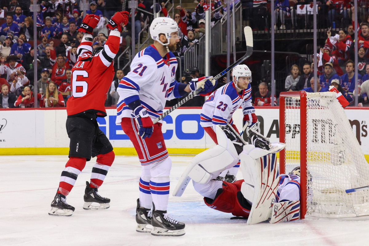 Ondrej Palat of the New Jersey Devils scores on Igor Shesterkin of