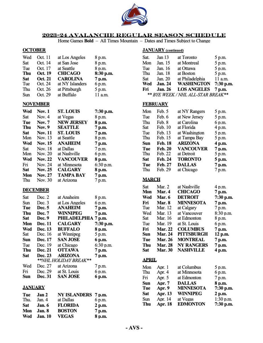Colorado Avalanche 2023-24 season schedule - The Hockey News Colorado ...