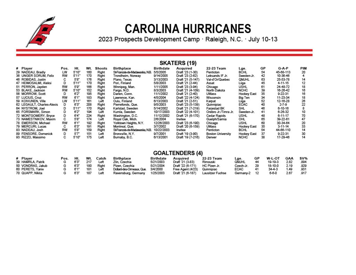 Hurricanes announce training camp roster 