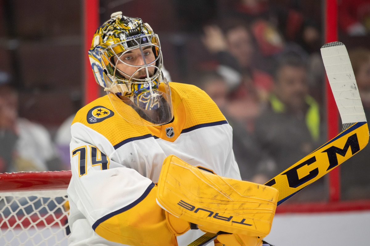 Nashville Predators' Juuse Saros (74) eyes the puck against the Carolina  Hurricanes during the second period of an NHL pre season hockey game in  Raleigh, N.C., Tuesday, Oct. 5, 2021. (AP Photo/Karl