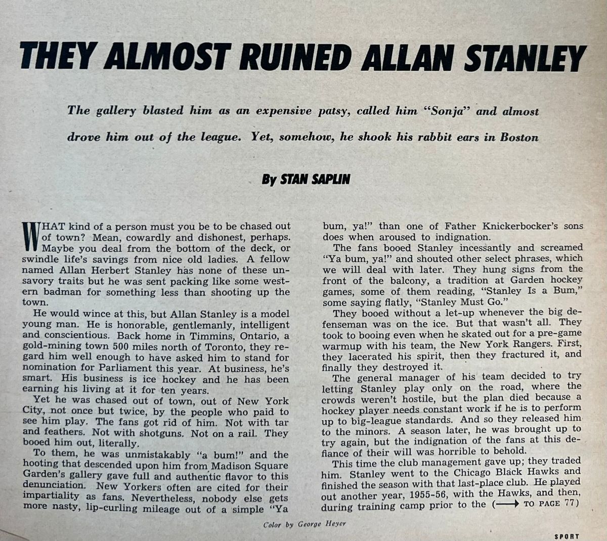 Sport magazine article: "They Almost Ruined Allan Stanley"