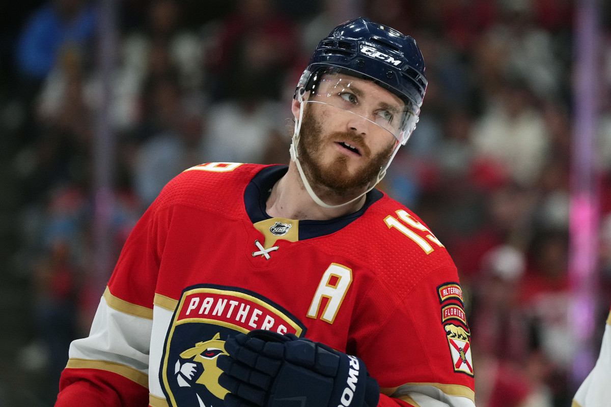 May 22, 2023; Sunrise, Florida, USA; Florida Panthers left wing Matthew Tkachuk (19) skates on the ice against the Carolina Hurricanes during the second period in game three of the Eastern Conference Finals of the 2023 Stanley Cup Playoffs at FLA Live Arena. Mandatory Credit: Jasen Vinlove-USA TODAY Sports